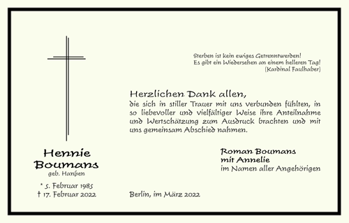 Trauer-Dankeskarte mit abgesetztem, umlaufendem, schwarzem Rand