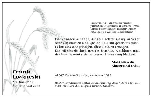 SL 624 Ähre, weiße Danksagung Trauer mit s/w Bild von Weizrnähren und abgesetztem Linienrahmen